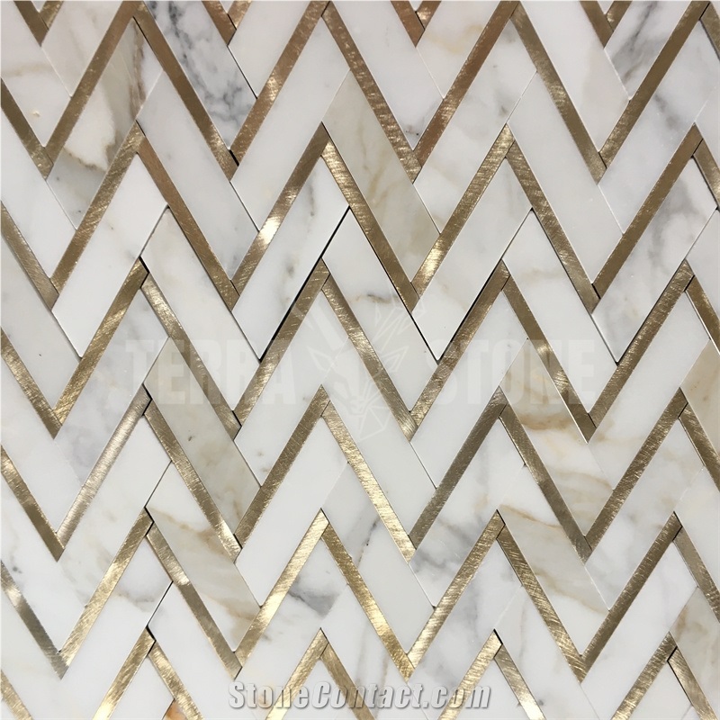 Calacatta Gold Marble Herringbone Mosaic Gold Metal Tile