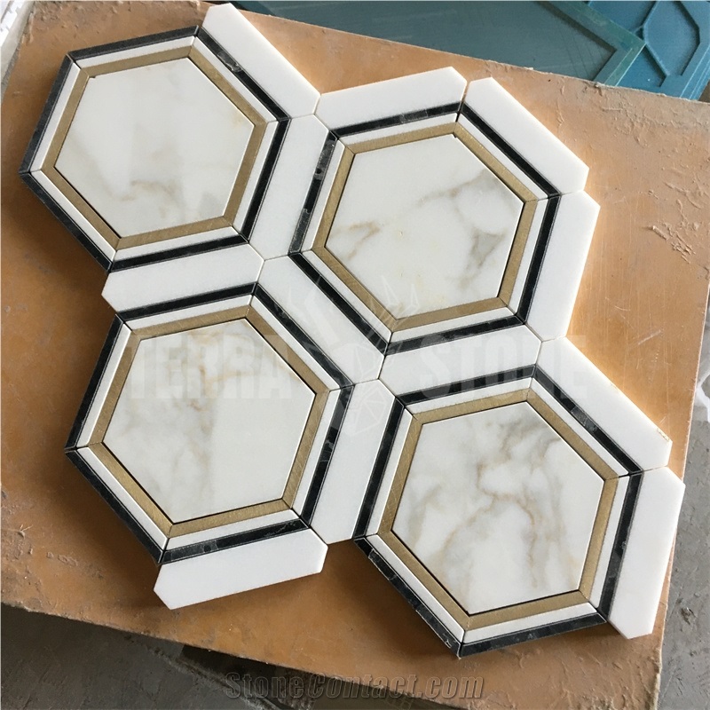 Calacatta Gold Marble Hexagon Mosaic Tiles With Brass Inlay