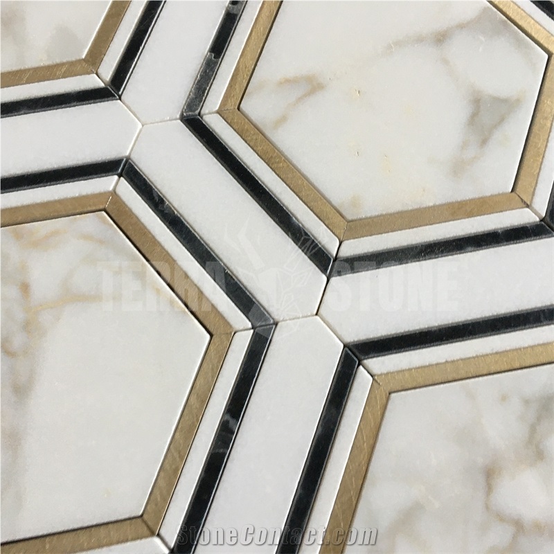Calacatta Gold Marble Hexagon Mosaic Tiles With Brass Inlay