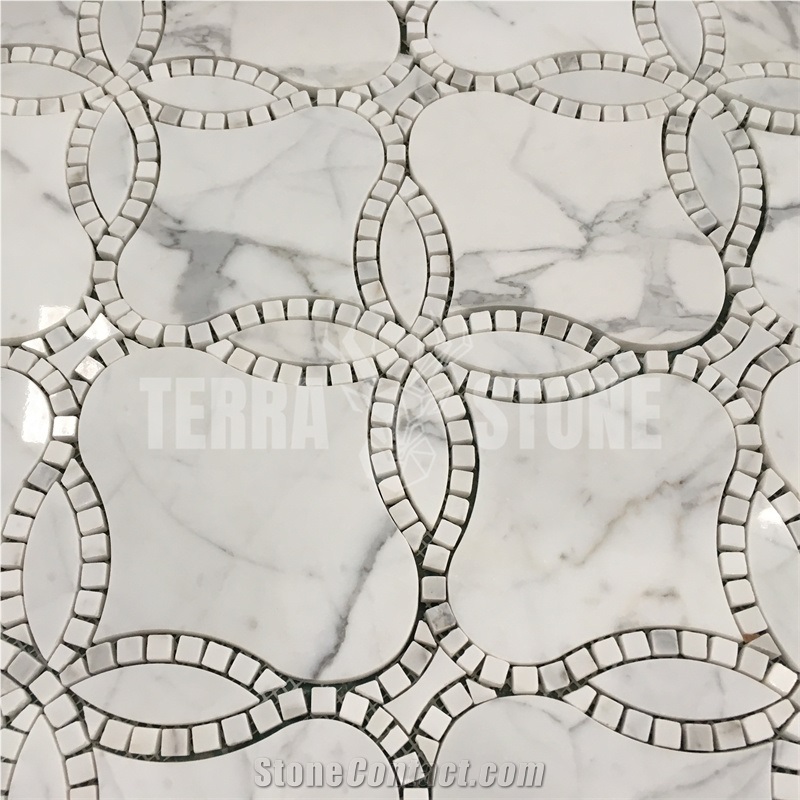 Calacatta Gold Marble Mosaic Tiles Water Jet Flower Design