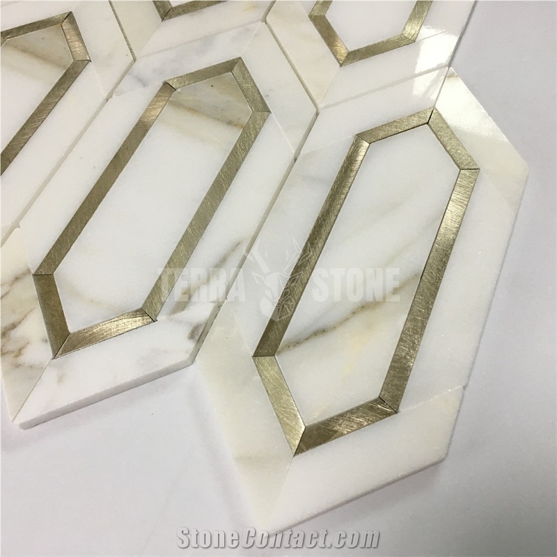 Calacatta Marble Golden Metal Elongated Hexagon Mosaic Tile