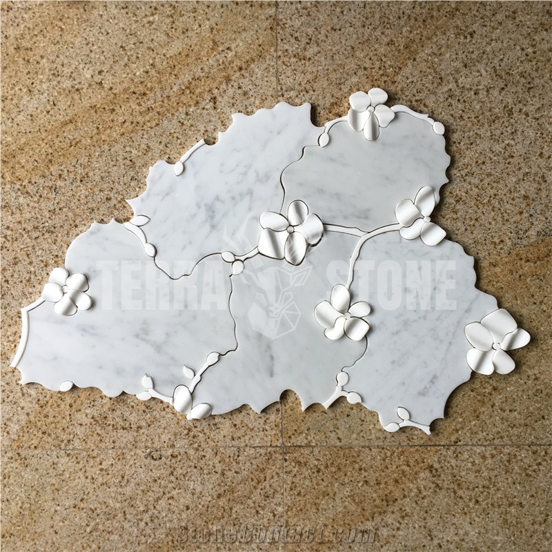 Carrara White Marble Mosaic With 3D Thassos Flower Water Jet
