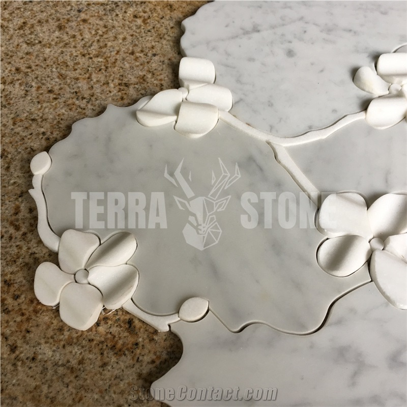 Carrara White Marble Mosaic With 3D Thassos Flower Water Jet