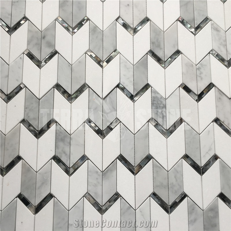 Chevron Carrara Marble Mosaic With Mother Pearl Of Shell
