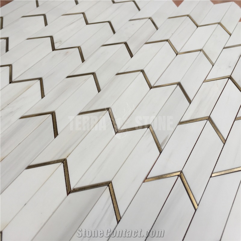 Chevron Mosaic Tiles Dolomite White Marble With Aluminium