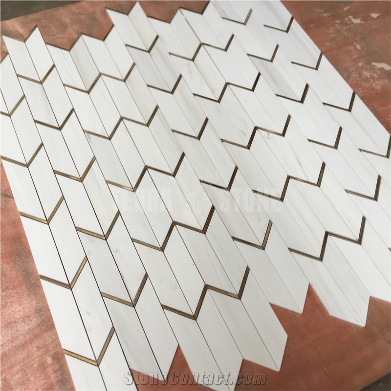 Chevron Mosaic Tiles Dolomite White Marble With Aluminium