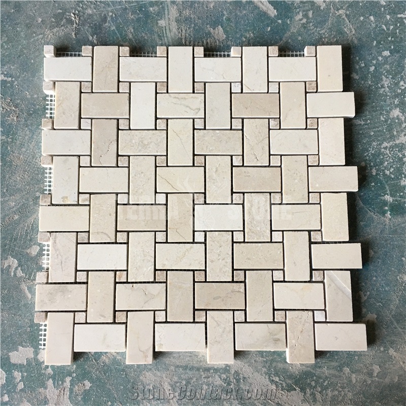 Crema Marfil Beige Marble Basketweave Mosaic With Dots