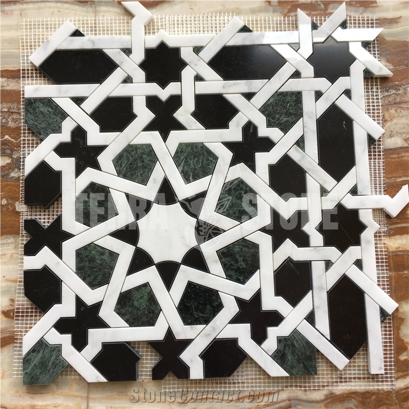 Dark Green And White Marble Mosaic Water Jet Floral Tile