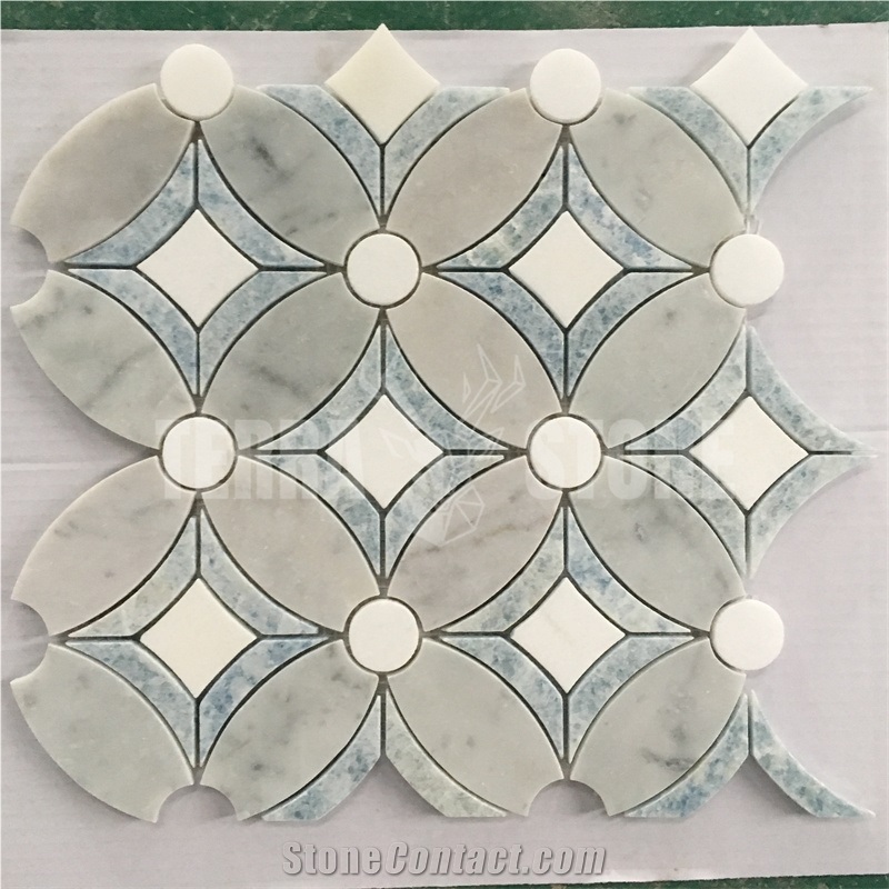 Floral Design Water Jet Marble Mosaic Carrara Thassos Tile