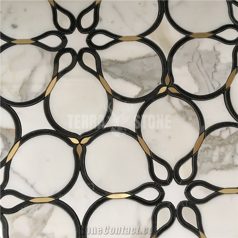 Floral Pattern Calacatta Gold Marble&Brass Waterjet Mosaic