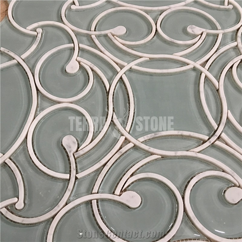 Flower Green Glass And Marble Waterjet Mosaic Stone Tile