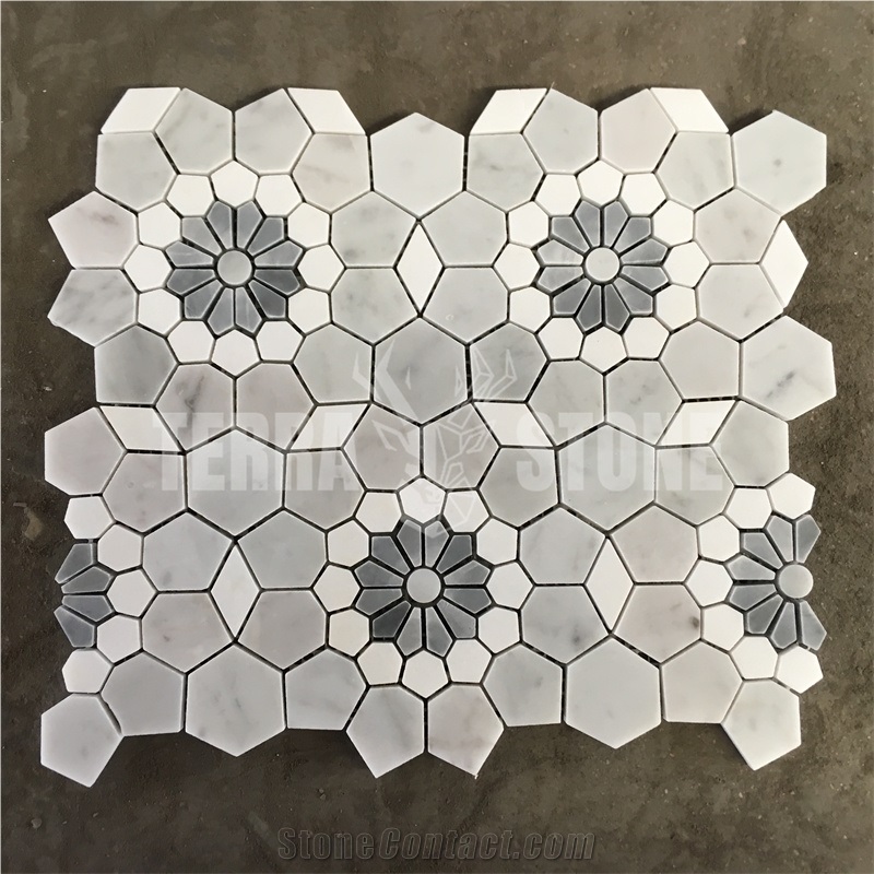 Flower Marble Mosaic Carrara White Waterjet Hexagon Tile