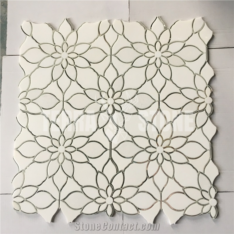 Flower Pattern Glass And Pure White Marble Waterjet Mosaic