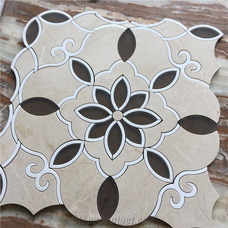 Flower Pattern Waterjet Beige Marble Brown Glass Mosaic