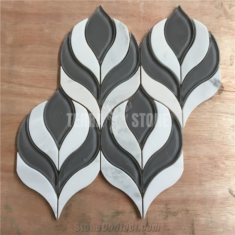 Glass Leaf Mosaic Mixed Waterjet Marble Tile With Glossy