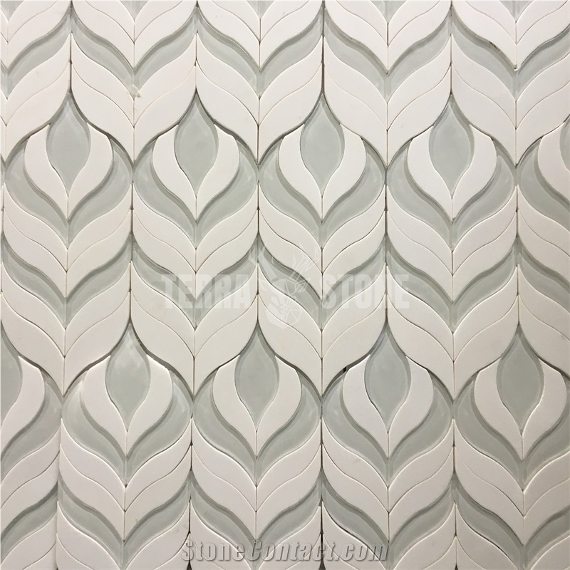 Glass Leaves Waterjet Marble Irregular Mosaic Wall Tile
