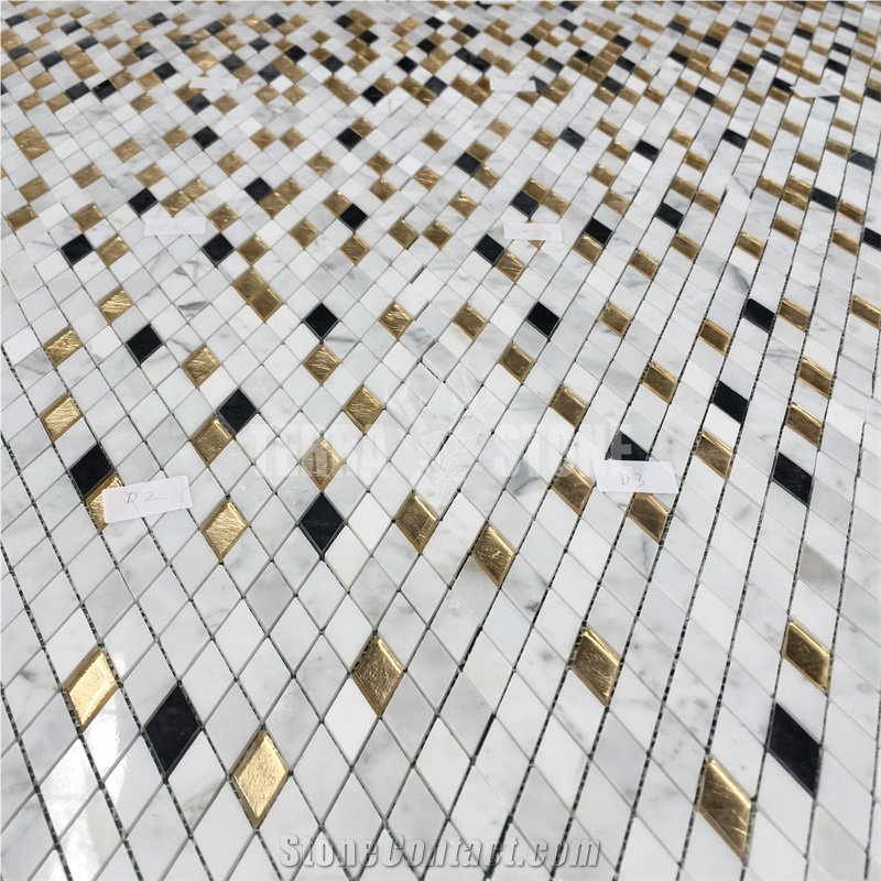 Glass Mix Stone Rhombus Marble Mosaic Tile For Backplash