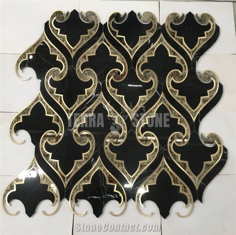 Glass Mosaic Black Waterjet Marble Inlay Natural Stone Tile
