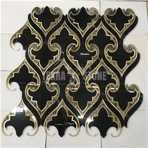 Glass Mosaic Black Waterjet Marble Inlay Natural Stone Tile