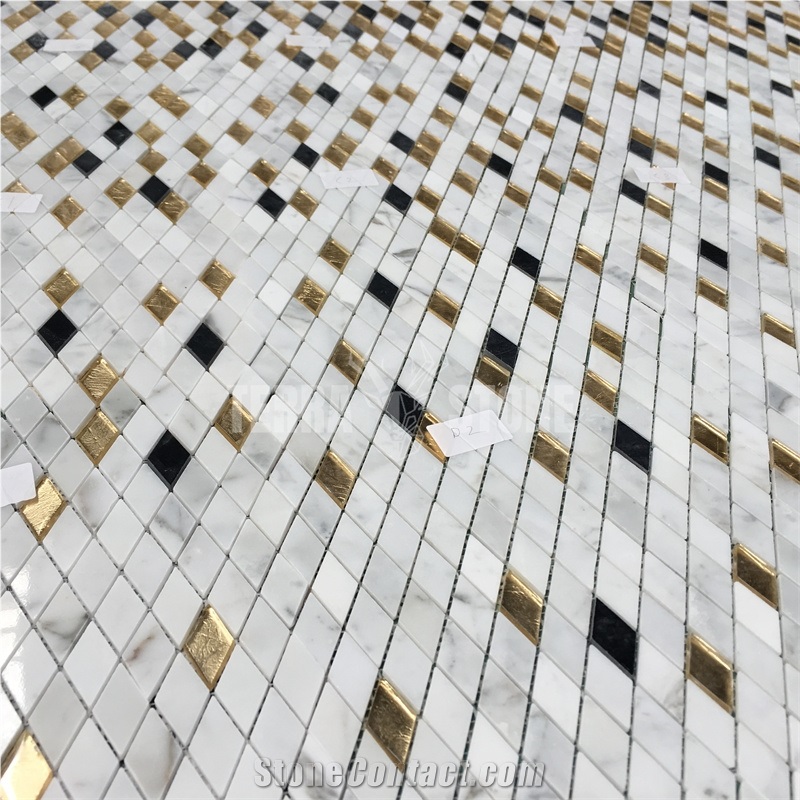 Gold Rhombus Glass Marble Backsplash Kitchen Tiles Mosaics