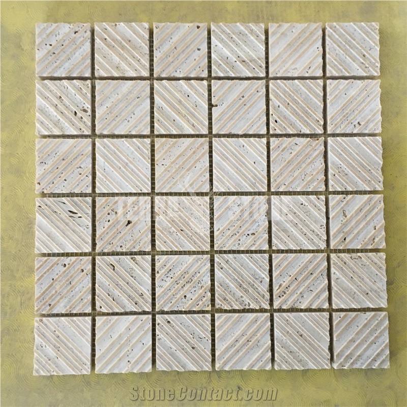 Grooved Honed Beige Travertine Backsplash Tile Square Mosaic