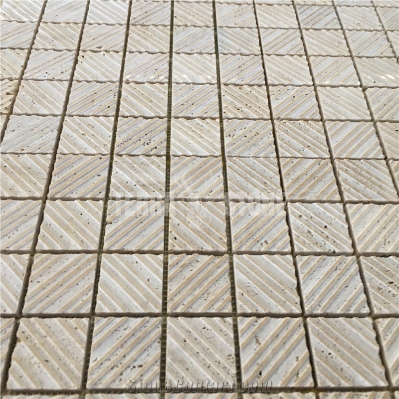 Grooved Honed Beige Travertine Backsplash Tile Square Mosaic