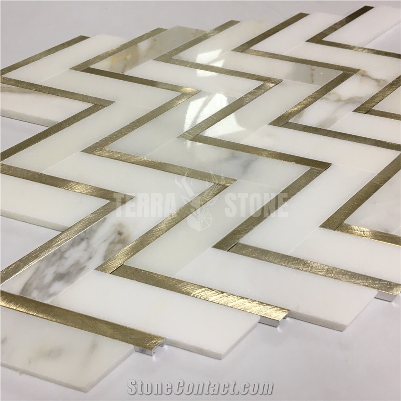 Herringbone Calacatta Gold Marble And Aluminium Mosaic Tiles