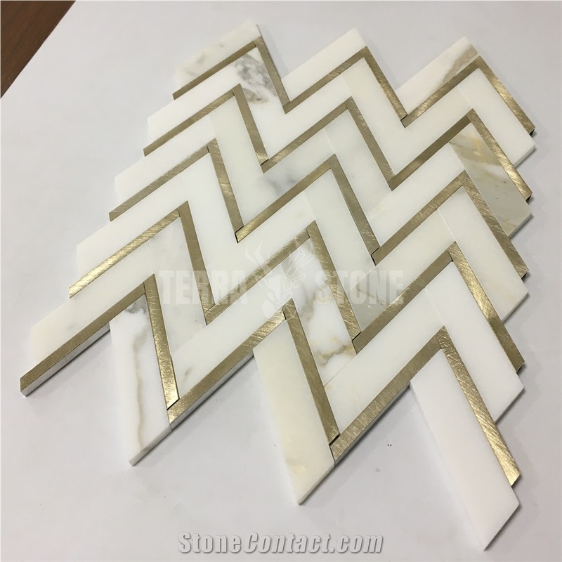 Herringbone Calacatta Gold Marble And Aluminium Mosaic Tiles