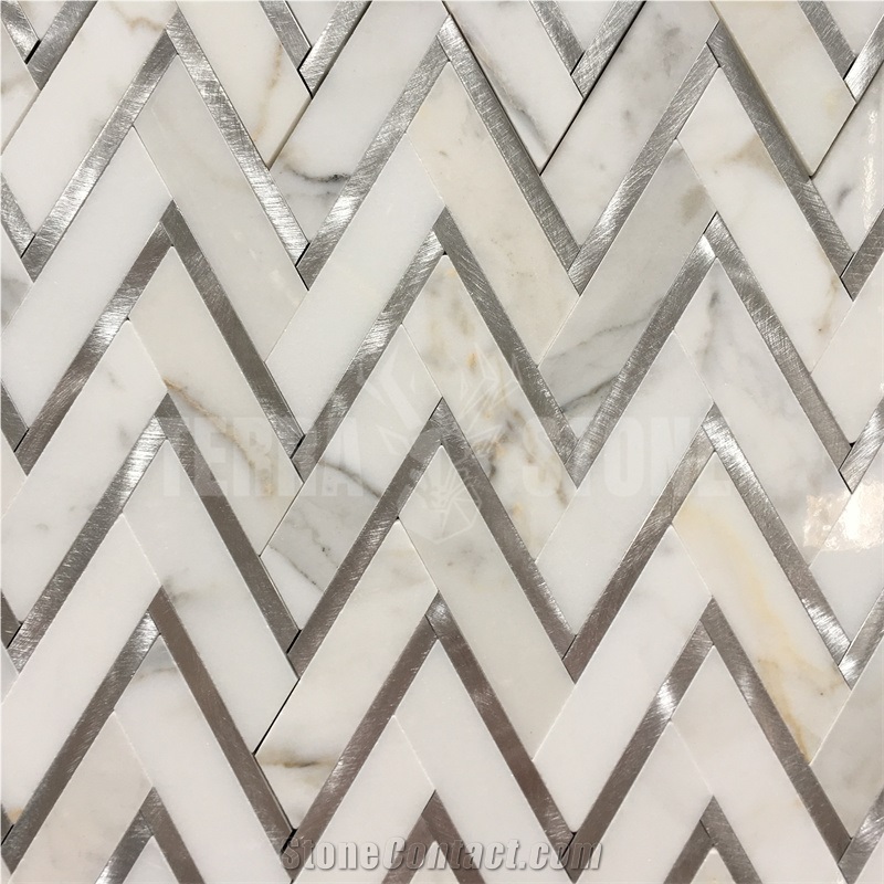 Herringbone Calacatta Gold Marble W/ Stainless Steel Mosaic