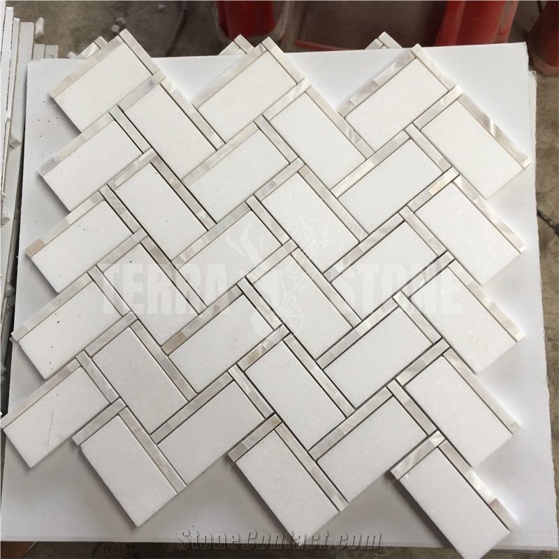 Herringbone Thassos White Marble Mosaic Pearl Shell Tile