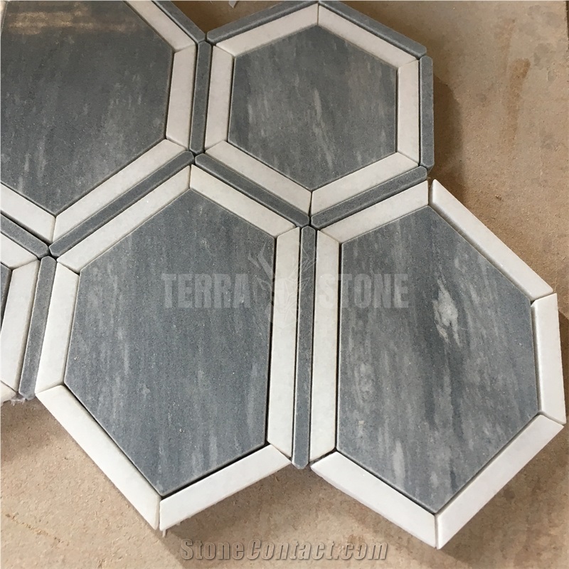 Irregular Hexagon White And Gray Marble Mosaic Flooring Tile