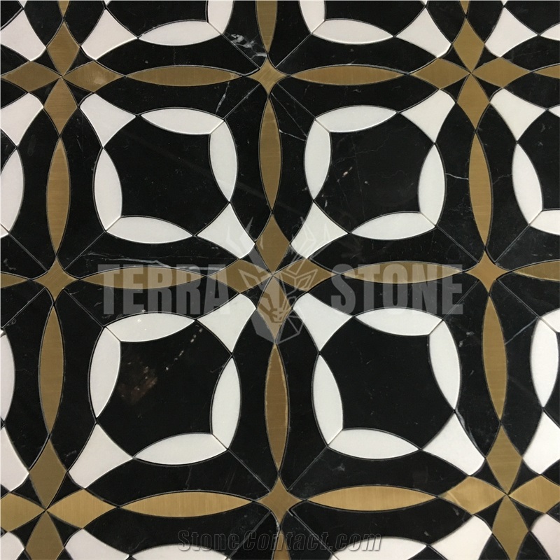Kaleid Mystique Black Marble Tile Waterjet Gold Metal Mosaic