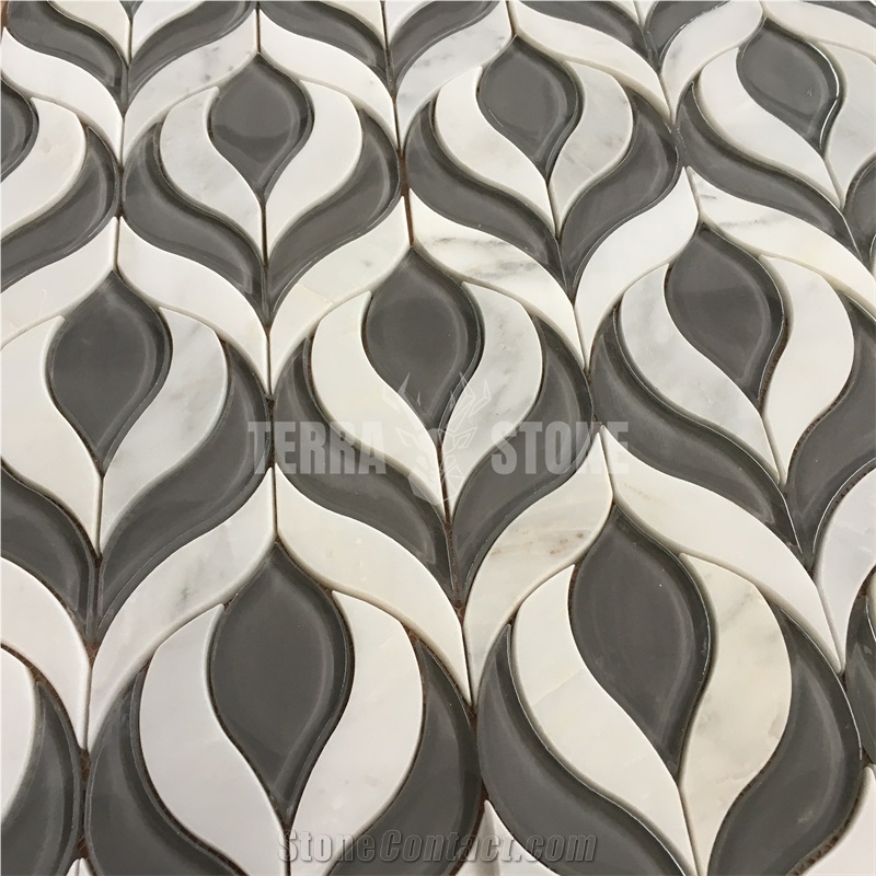 Leaf Design Glass Backsplash White Marble Waterjet Mosaic