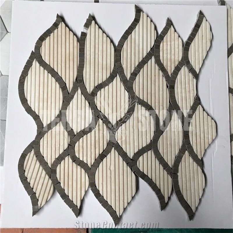 Leaf Pattern Grooved Face Beige Marble Water Jet Mosaic Tile