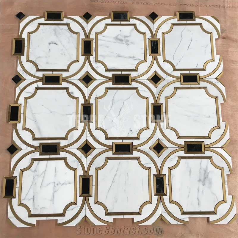 Luxury Marble Tiles Waterjet Natural Stone Gold Brass Mosaic