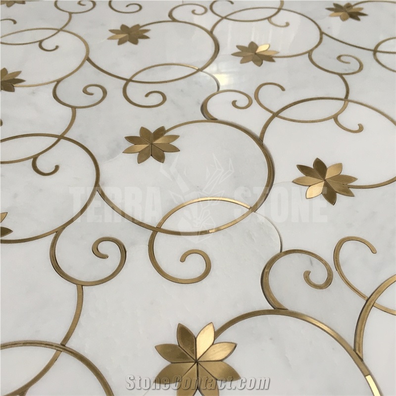 Luxury Tile Waterjet Marble Mosaic Tiles Brass Flowers Inlay