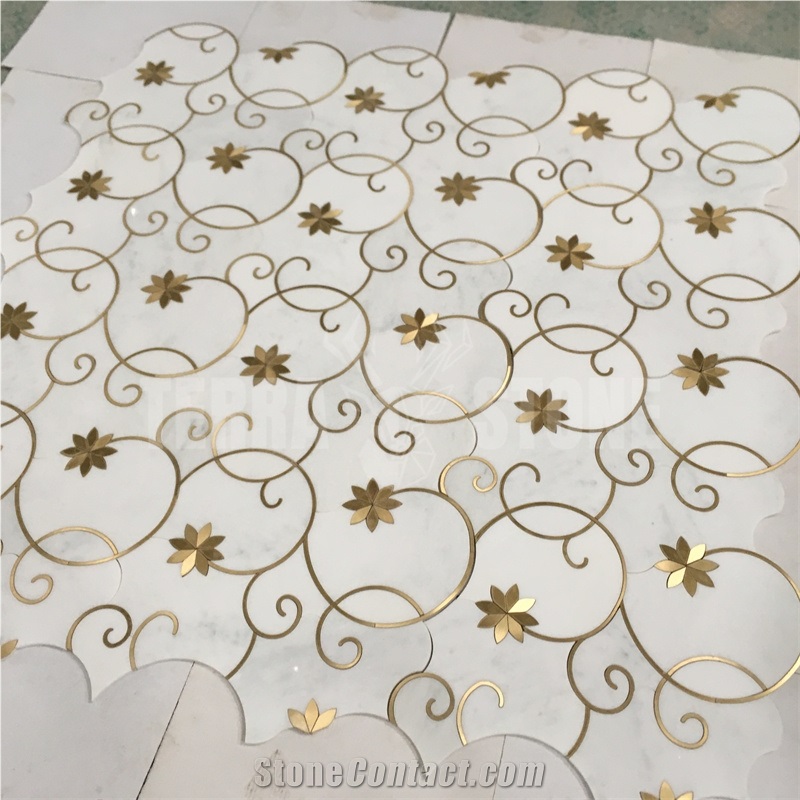 Luxury Tile Waterjet Marble Mosaic Tiles Brass Flowers Inlay
