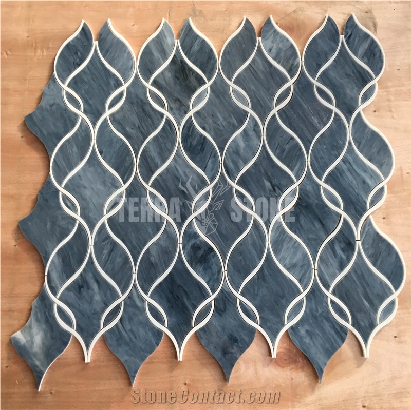 Marble And Blue Glass Waterjet Ribbon Pattern Mosaic Tile