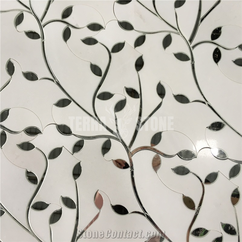 Mirror Glass Leaves Waterjet Marble Mosaic Shower Wall Tile