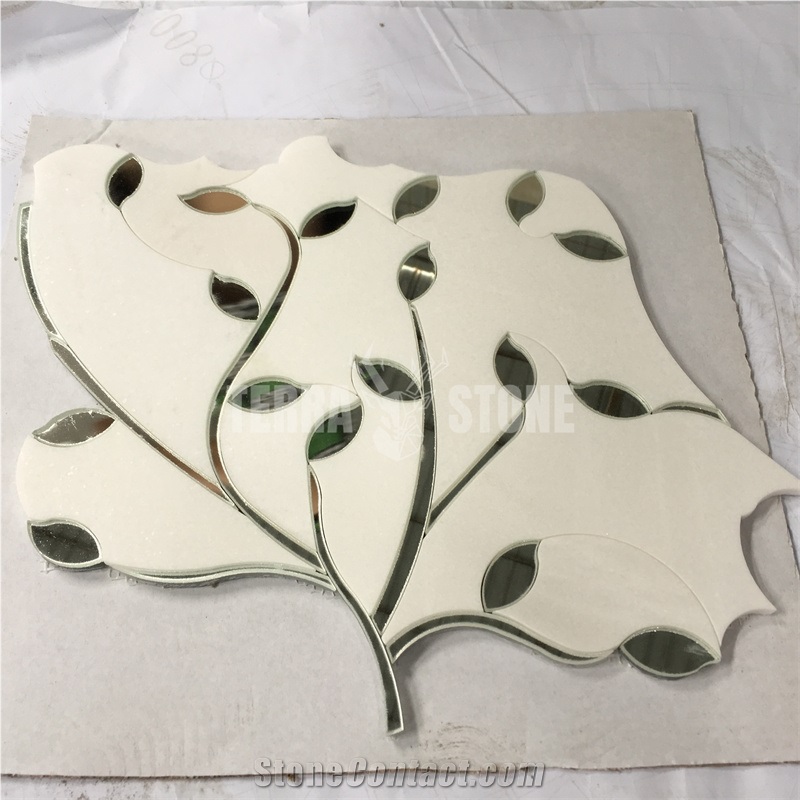 Mirror Glass Leaves Waterjet Marble Mosaic Shower Wall Tile