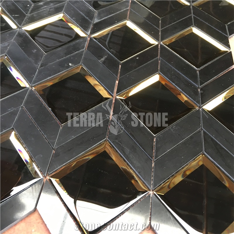 Nero Marquina Black Marble Rhombus Mosaic With Mirror Glass