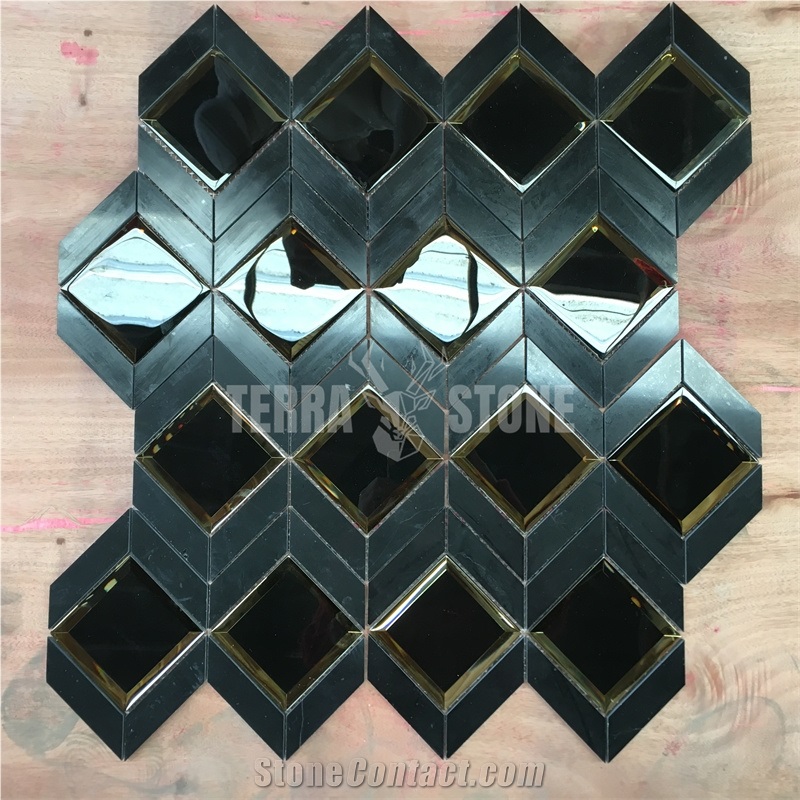 Nero Marquina Black Marble Rhombus Mosaic With Mirror Glass