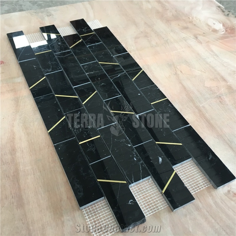 Nero Marquina Marble Polished Subway Mosaic Tile With Brass