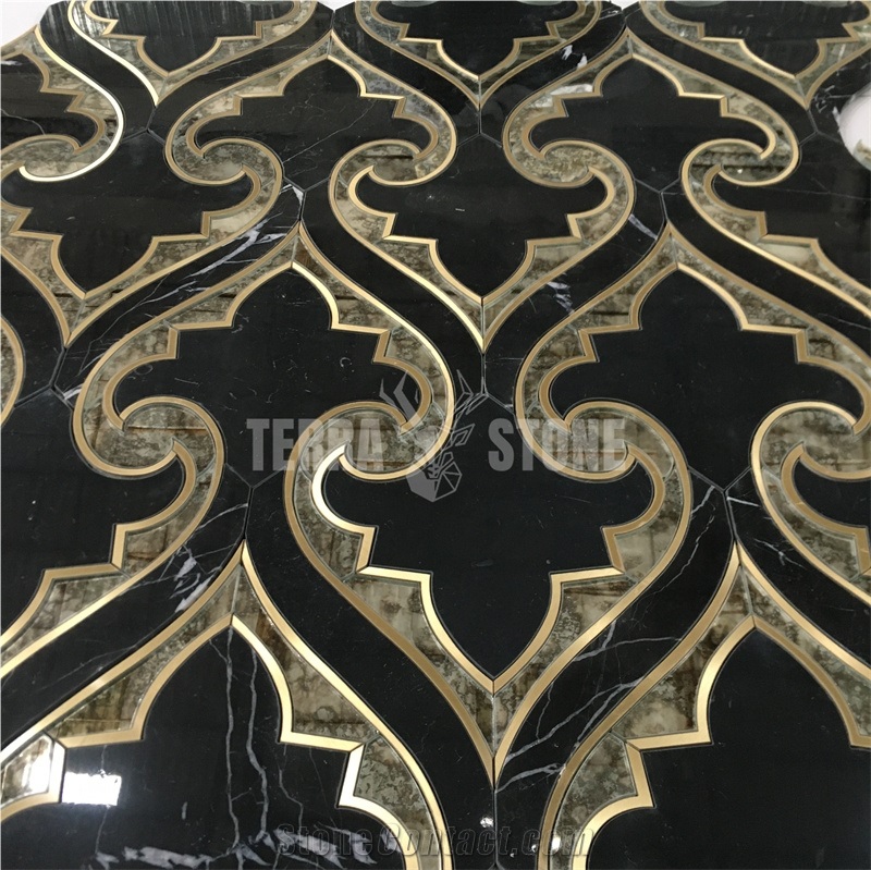 Nero Marquina Mixed Brass Metal Water Jet Marble Mosaic Tile