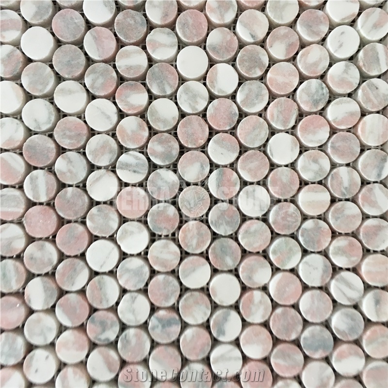 Norway Rose Penny Round Pink Red Marble Stone Mosaic