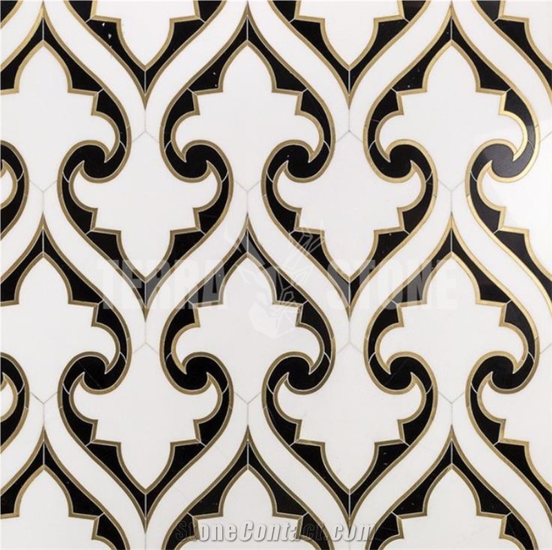 Obin Polished Waterjet Black White Marble And Brass Tile