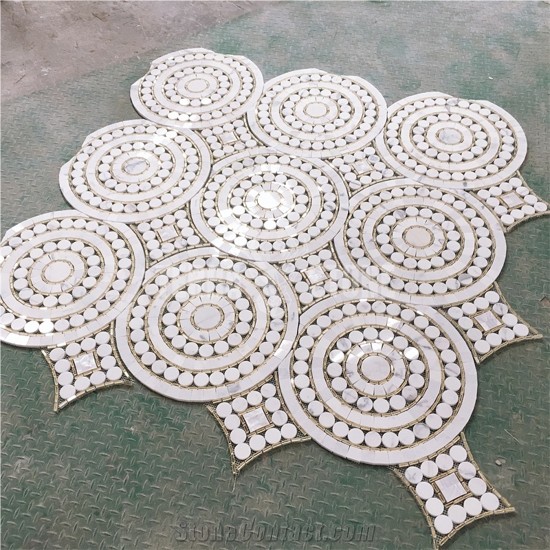 Round Shape Mirror Waterjet Glass And White Marble Mosaic