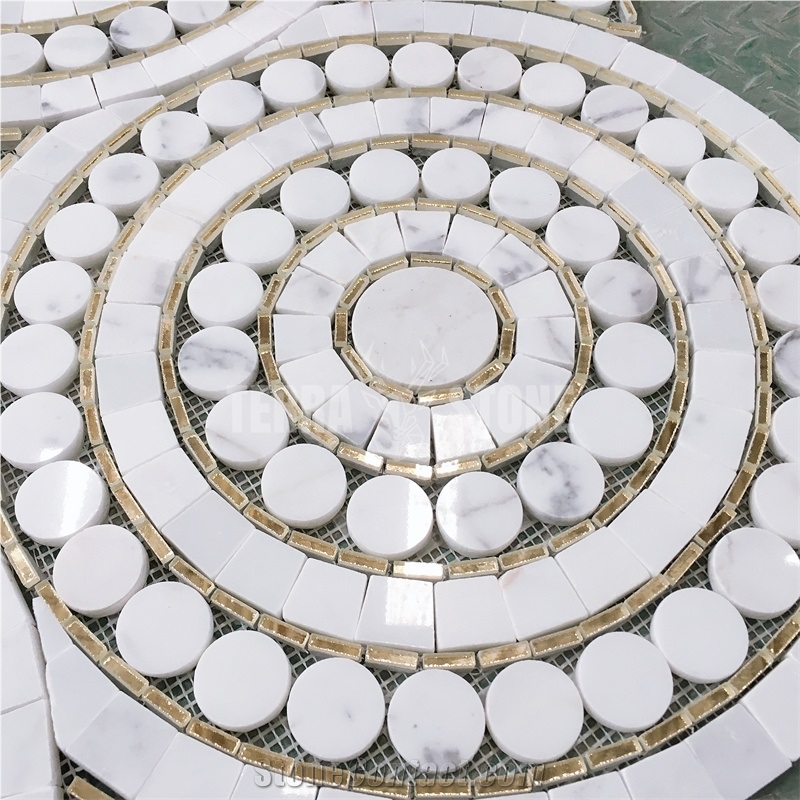 Round Shape Mirror Waterjet Glass And White Marble Mosaic