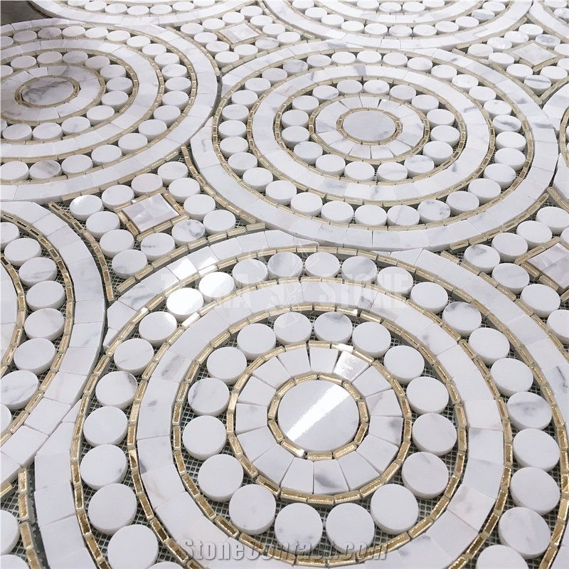 Round Shape White Marble Waterjet Glass Bathroom Tile