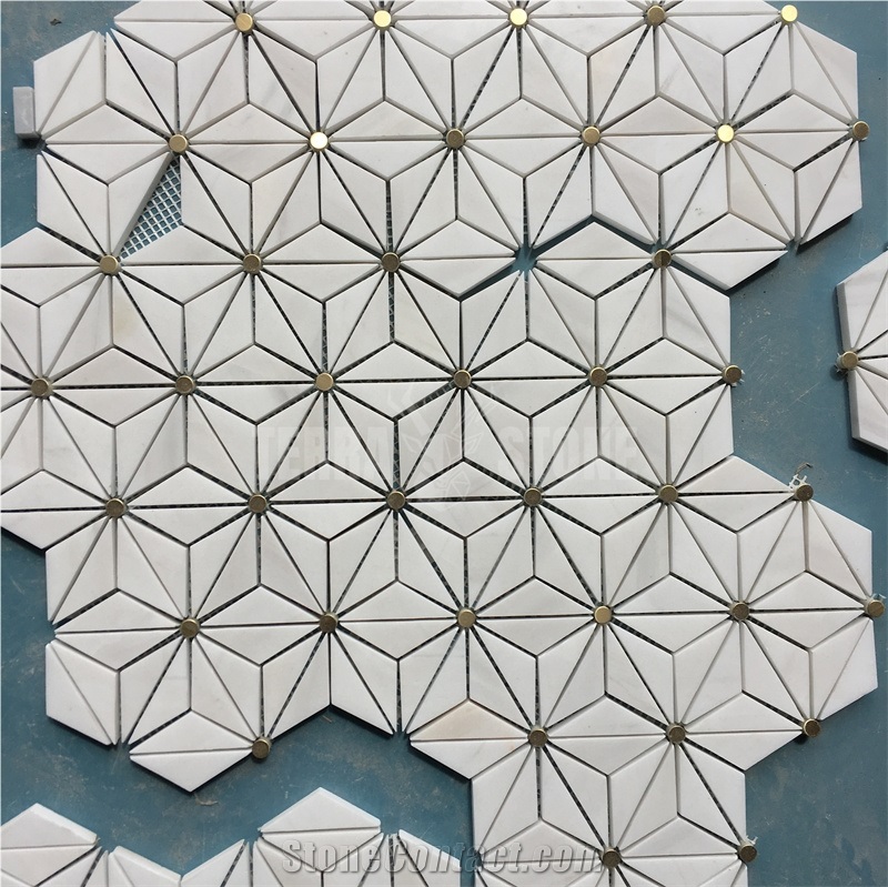 Star Pattern Thassos White Marble W/ Brass Dots Mosaic Tile